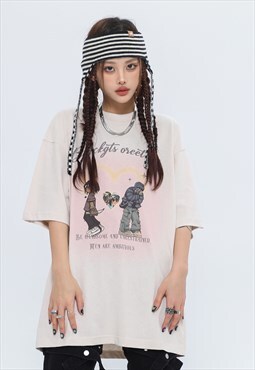 Anime print t-shirt cartoon tee grunge hip-hop top in cream