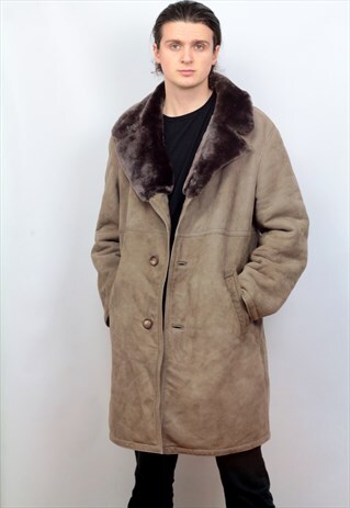 1970'S VINTAGE LONG LENGTH SHEEPSKIN/SHEARLING COAT IN STONE