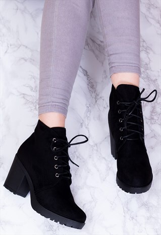 GIRA LACE UP BLOCK HEEL ANKLE BOOTS - BLACK SUEDE STYLE