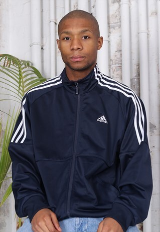 VINTAGE ADIDAS LOGO THREE STRIPE TRACK JACKET NAVY BLUE
