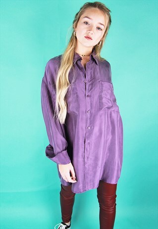 PURPLE PURE SILK LONG SLEEVED BOYFRIEND SHIRT