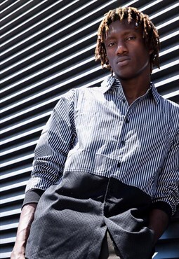 Black Striped Patchwork Sporty oversized cotton mesh shirt 