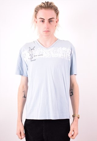 YVES SAINT LAURENT MENS VINTAGE T-SHIRT TOP LARGE BLUE 90S