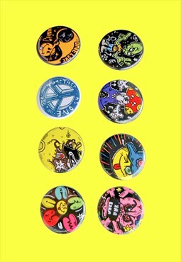 Pack of 8 rave pin back button badges