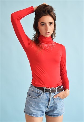 90'S RETRO KITSCH SHIMMER TURTLENECK STRETCH TOP