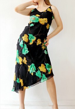Vintage Floral Midi Dress Asymmetric Chiffon 90s Dress