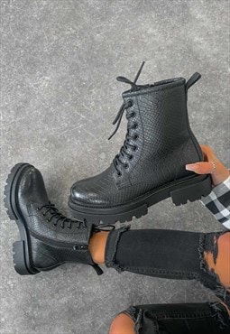 Chunky Platform Lace Up Ankle Boots - Black Croc