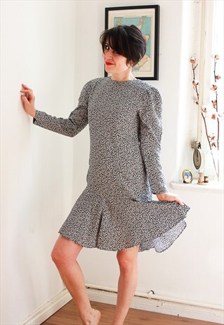 VINTAGE BLACK & WHITE DRESS WITH PEPLUM HEM