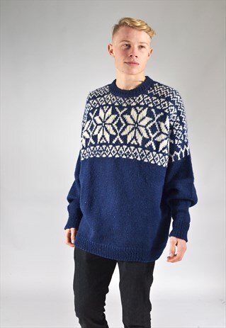 VINTAGE NAVY BLUE SNOWFLAKE KNITTED CHRISTMAS JUMPER