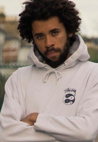 VINTAGE STUSSY YIN AND YANG HOODED SWEATSHIRT WHITE & BLACK