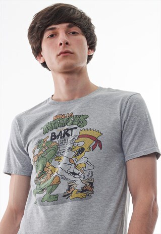 VINTAGE NINJA TURLES BART SIMPSON BOOTLEG GRAPHIC TEE GREY