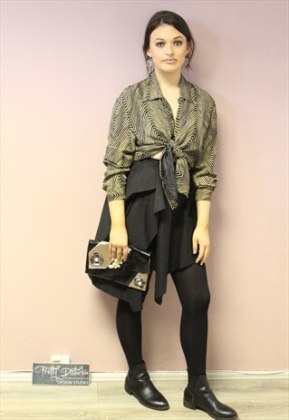 80S VINTAGE ZEBRA PRINT STRIPE MULTI BROWN BLACK BLOUSE