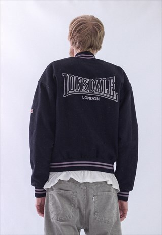 VINTAGE MENS LONSDALE BIG LOGO WOOL BOMBER WINTER JACKET