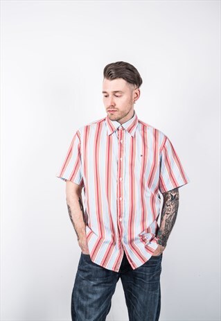 TOMMY HILFIGER VINTAGE 1990S BLUE AND PINK STRIPED SHIRT
