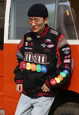 M&M candy motorcycle jacket patch Racer varsity in black