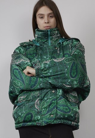 VINTAGE 80'S GREEN PATTERNED HOODED PUFFER JACKET
