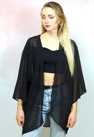 1990S VINTAGE JET BLACK SEMI SHEER KIMONO