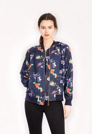 BOMBER JACKET IN NAVY BLUE FLORAL PRINT