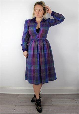 VINTAGE 1970'S PURPLE BLUE GREEN CHECK MIDI DRESS 12