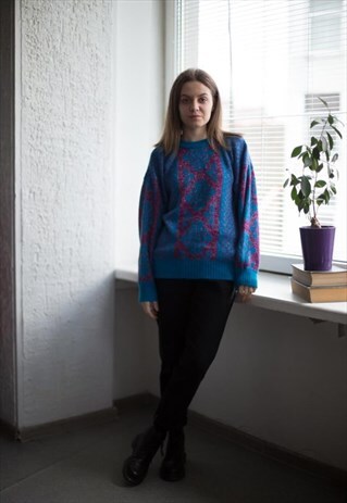 VINTAGE 80'S BLUE PATTERNED GLOSSY JUMPER