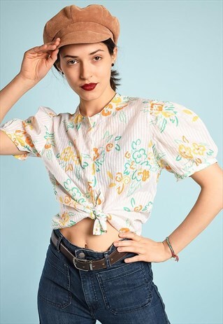 80'S RETRO PARIS CHIC FLORAL PASTEL BLOUSE TOP