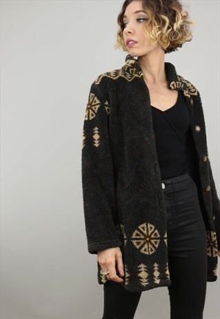 VINTAGE 90S OVERSIZED TEDDY SHERPA PATTERNED FLEECE CARDIGAN