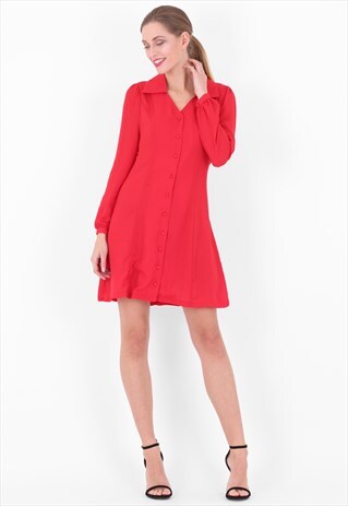 RED COLLARED BALLOON SLEEVES MINI SHIRT DRESS