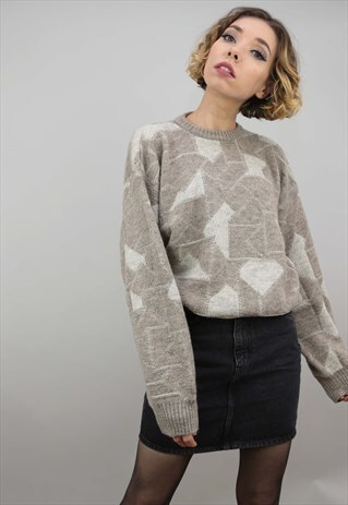 VINTAGE 80S 90S OVERSIZED PATTERNED KNIT JUMPER