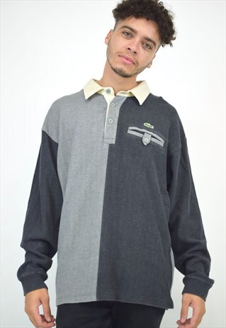 VINTAGE 90S LACOSTE GREY STRIPED POLO SWEATSHIRT