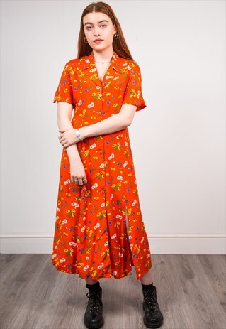 VINTAGE 90'S ORANGE FLORAL PATTERN SHORT SLEEVE MIDI DRESS