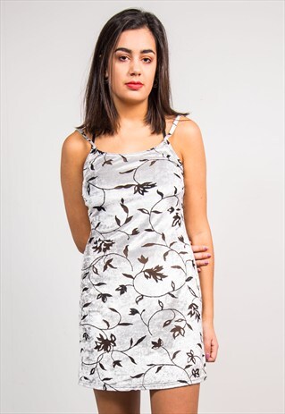 90'S VINTAGE SILVER VELVET MESH LEAF PATTERN SLIP DRESS