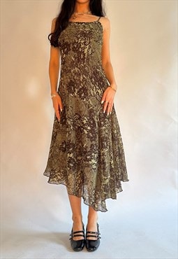 00s Khaki Green Snakeskin Flowy Asymmetric Mesh Midi Dress