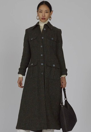 VINTAGE 90'S FOREST GREEN CASTELBAJAC TWEED MAXI COAT