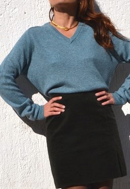 Blue extrafine lambswool v neck pullover,sweater