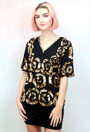 1980S VINTAGE BLACK AND GOLD EMBELLISHED SILK TOP