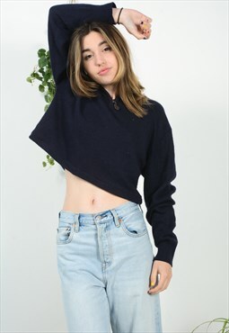 Vintage 90s Cropped Knitted Jumper in Blue 1/4 Zip