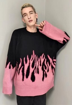 Flame knitwear sweater fire top burning jumper neon in pink