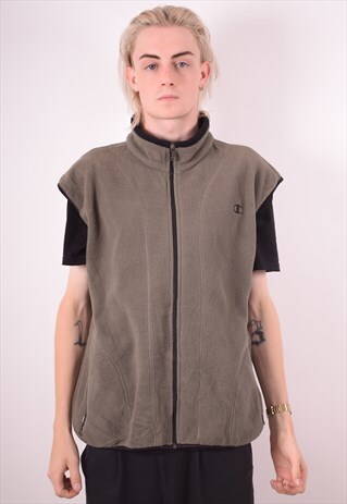 CHAMPION MENS VINTAGE FLEECE GILET XL KHAKI 90S