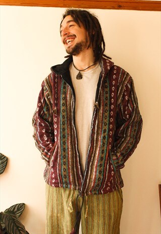 FAIR TRADE BURGUNDY STRIPED HIPPIE ZIP-UP HOODED JACKET