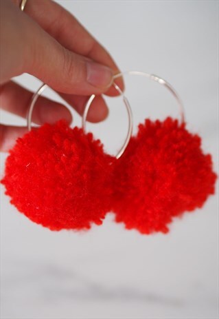 SILVER PLATED HOOPS WITH RED POM POMS