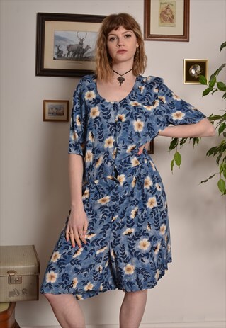 VINTAGE 80S FLORAL PRINT BUTTON THROUGH PLAYSUIT IN BLUE