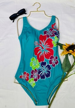 Vintage 80's Floral Hibiscus Print Swimsuit