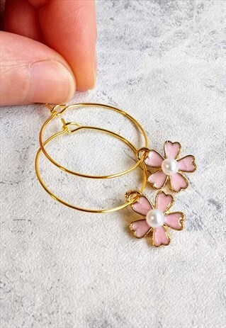 CHERRY BLOSSOM FLOWER FAUX PEARL HOOP EARRINGS