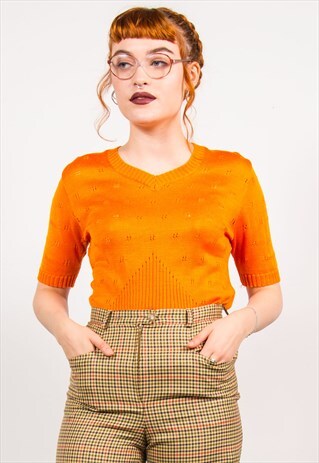 VINTAGE 70'S ORANGE KNIT V-NECK TOP