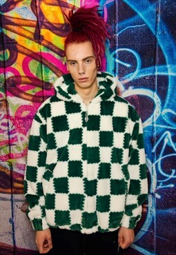 Check fleece hood jacket handmade fluffy chess bomber green