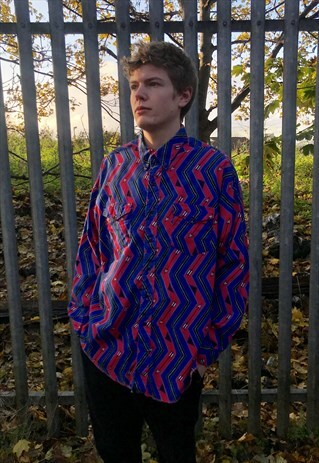 VINTAGE WRANGLER 90'S BLUE PINK CRAZY AZTEC PATTERN SHIRT