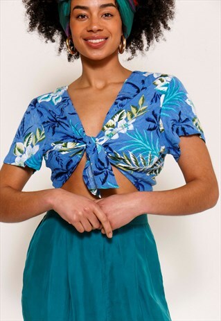 VINTAGE 90'S BLUE TROPICAL PRINT REWORKED TIE FRONT BLOUSE