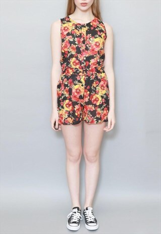 VINTAGE 1980'S BLACK FLORAL PATTERNED PLAYSUIT