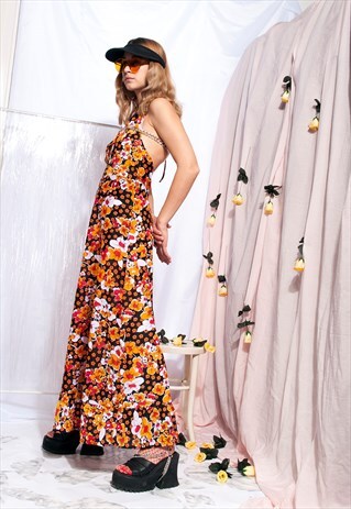 VINTAGE MAXI DRESS 70S FLORAL HALTER NECK FESTIVAL DRESS