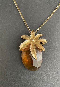 Vintage 50's Metal Gold Pendant Necklace Amber Stone
